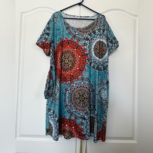 Floral cotton poly knit mu-mu dress with pockets